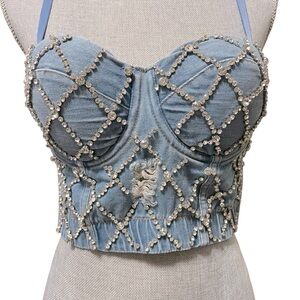 No.1 Los Angeles Rhinestones Crop Top L Denim Bustier Bralette Spaghetti Straps